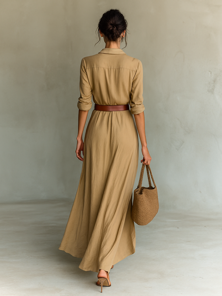 ESSENZIALE - Maxi Abito Lungo con Collo a Revers e Maniche Lunghe per Donne