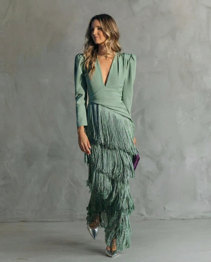 Chiara – Abito Elegante con Maniche Frangiate