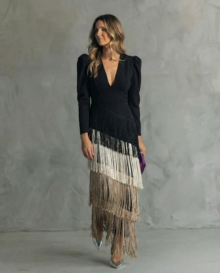 Chiara – Abito Elegante con Maniche Frangiate