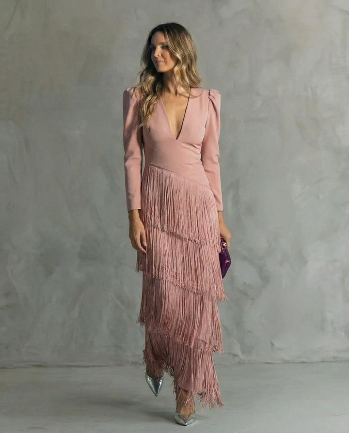Chiara – Abito Elegante con Maniche Frangiate