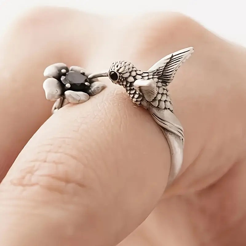 Anello Colibrì e Fiore – Anello Aperto Regolabile per Donne