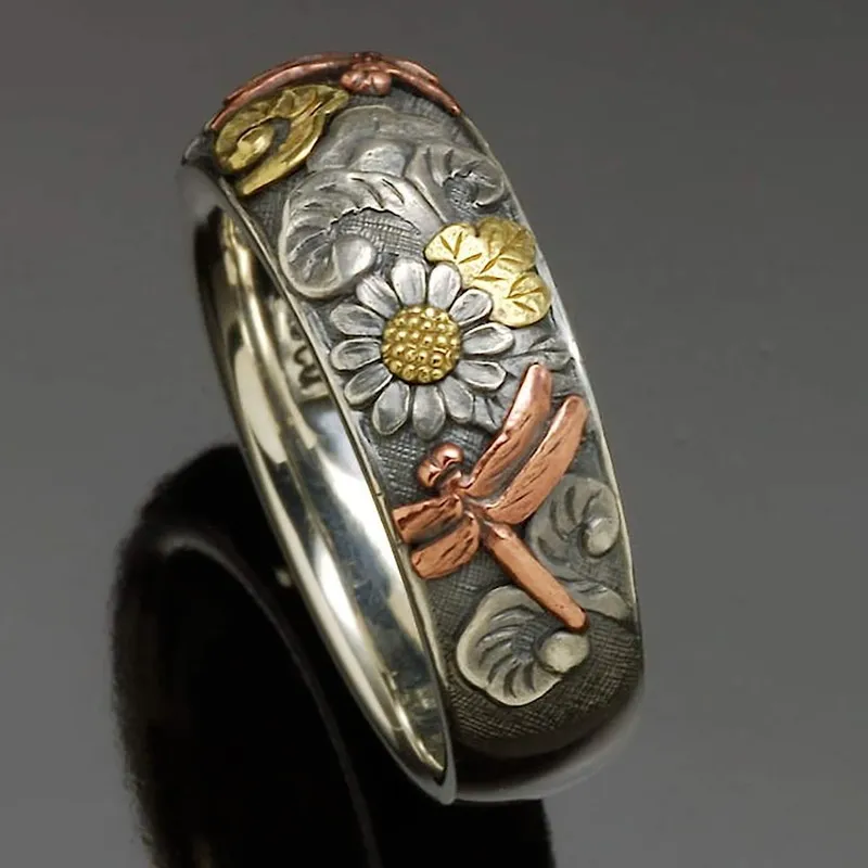 Anello Vintage con Girasole e Libellula