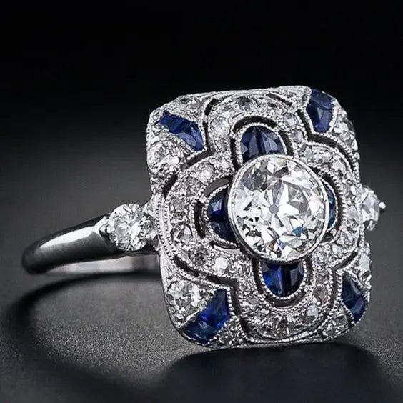 Anello vintage color argento con zirconia blu