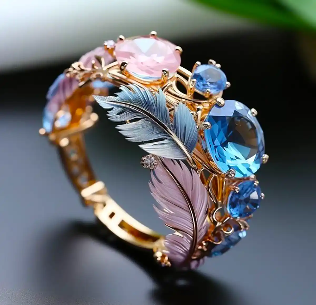 Anello Vintage in Cristallo con Piume Esotiche
