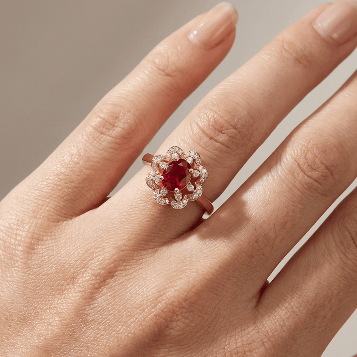 ANELLO HALO color oro ROSA CON Pietra Rossa ROSSO