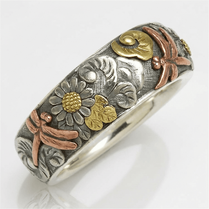ANELLO VINTAGE color argento FATTO A MANO CON LIBELLULA E GIRASOLE