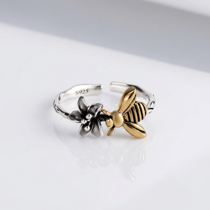 ANELLO color argento CON API E FIORI - (REGOLABILE)