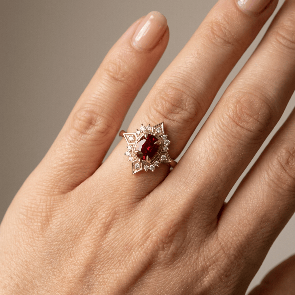ANELLO VINTAGE color oro Pietra Rossa E Zirconia