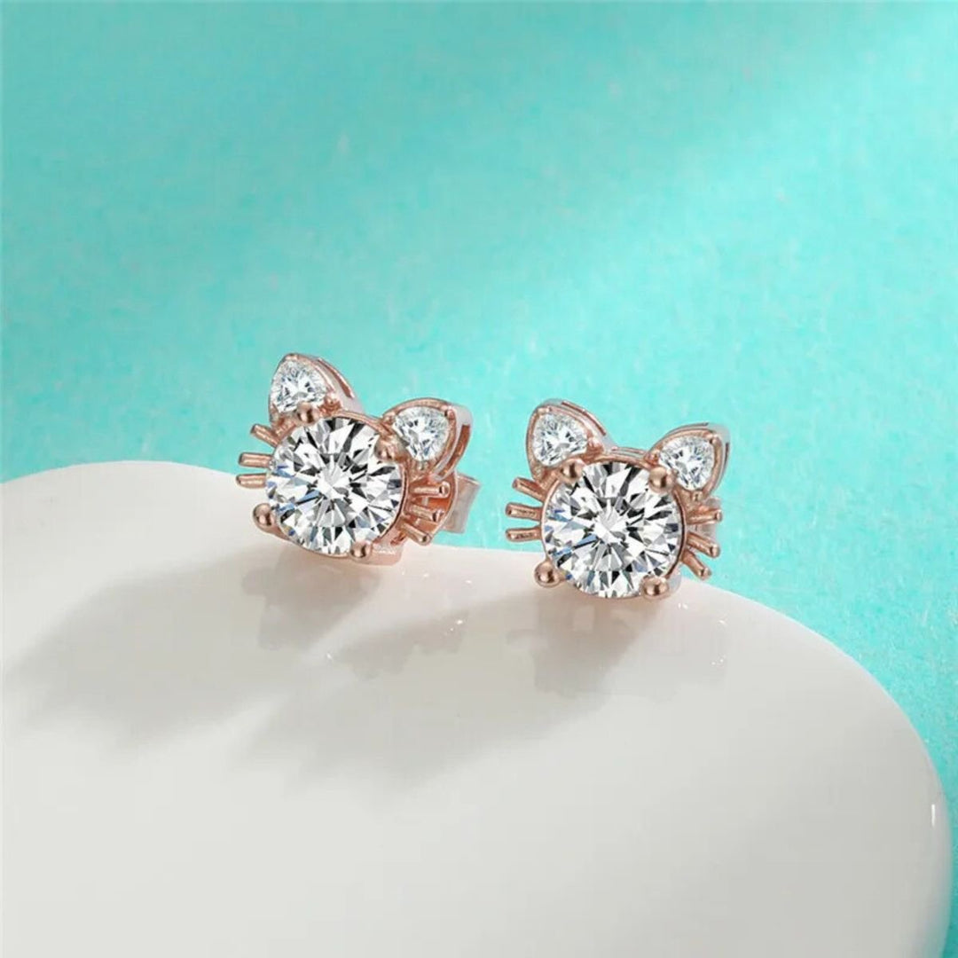 Orecchini a forma di gatto in Moissanite e oro rosa color argento