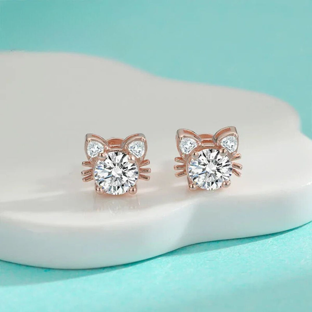 Orecchini a forma di gatto in Moissanite e oro rosa color argento