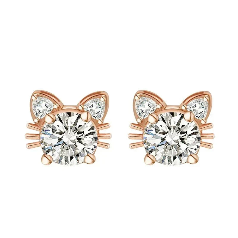 Orecchini a forma di gatto in Moissanite e oro rosa color argento
