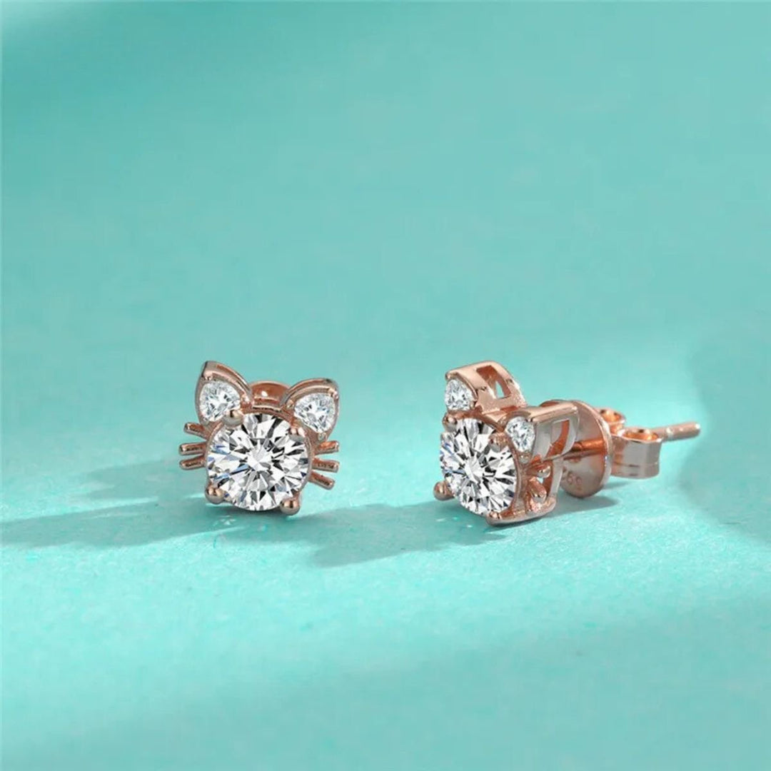 Orecchini a forma di gatto in Moissanite e oro rosa color argento