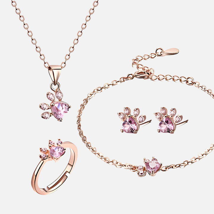 Set di Gioielli con Zampa color oro Rosa – 4 Pezzi con Cuore in Zirconia (Anello, Collana, Orecchini, Bracciale)