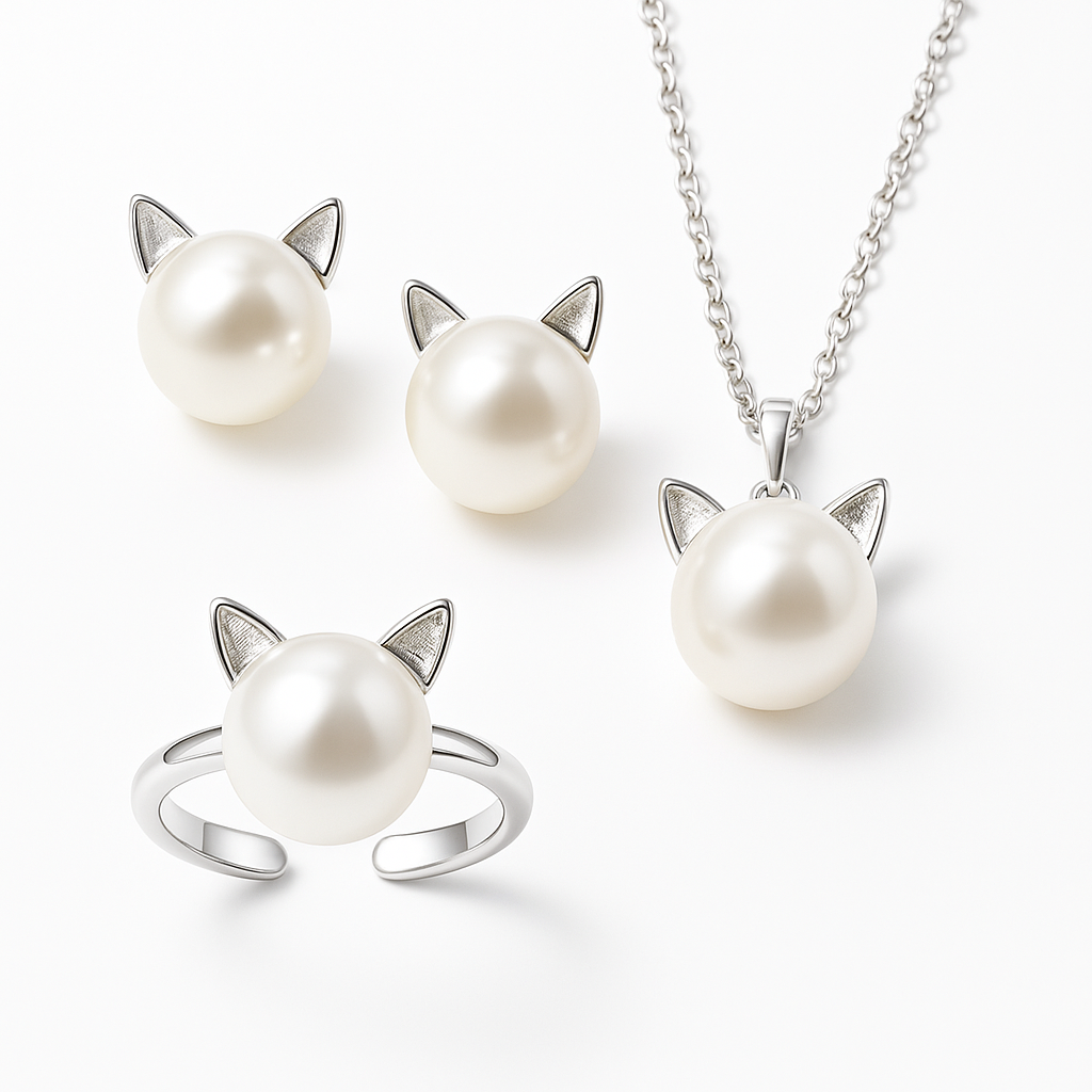 Bellissima Collana con Gatto di Perla con Orecchini e Anello Bonus