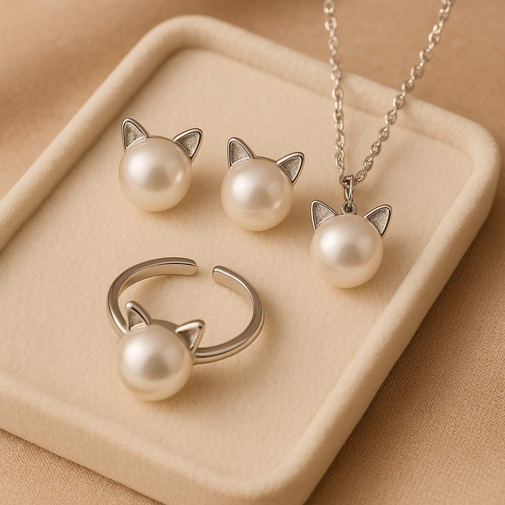 Bellissima Collana con Gatto di Perla con Orecchini e Anello Bonus