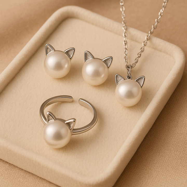 Bellissima Collana con Gatto di Perla con Orecchini e Anello Bonus