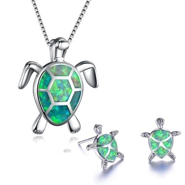 Collana e Orecchini a Forma di Tartaruga Marina in Opale e color argento