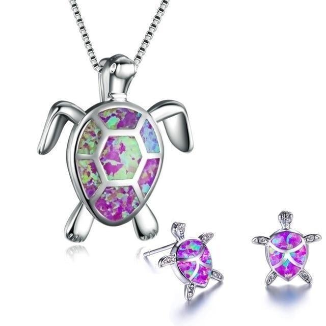 Collana e Orecchini a Forma di Tartaruga Marina in Opale e color argento