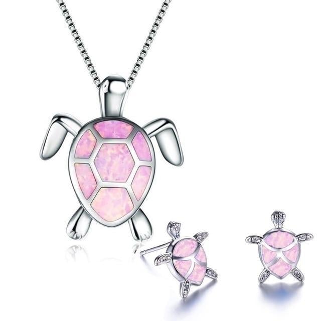 Collana e Orecchini a Forma di Tartaruga Marina in Opale e color argento