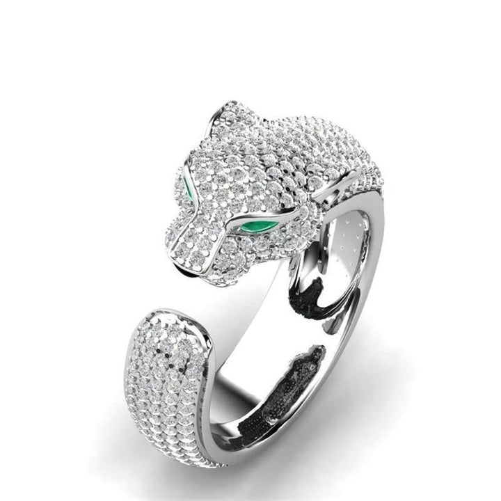 Anello Jaguar Regolabile color argento e Oro Rosa con Occhi in Zirconia Verde