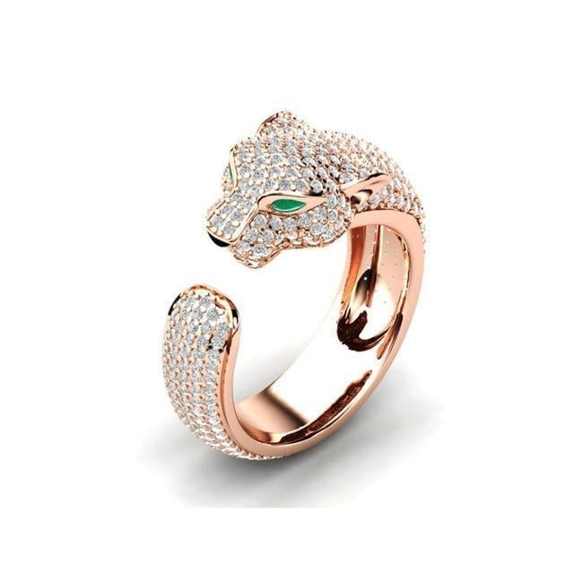 Anello Jaguar Regolabile color argento e Oro Rosa con Occhi in Zirconia Verde