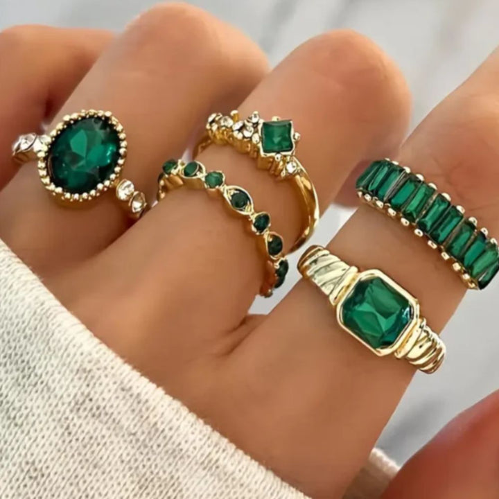 Set di Anelli color oro con Pietra Verde Squisito Zarina