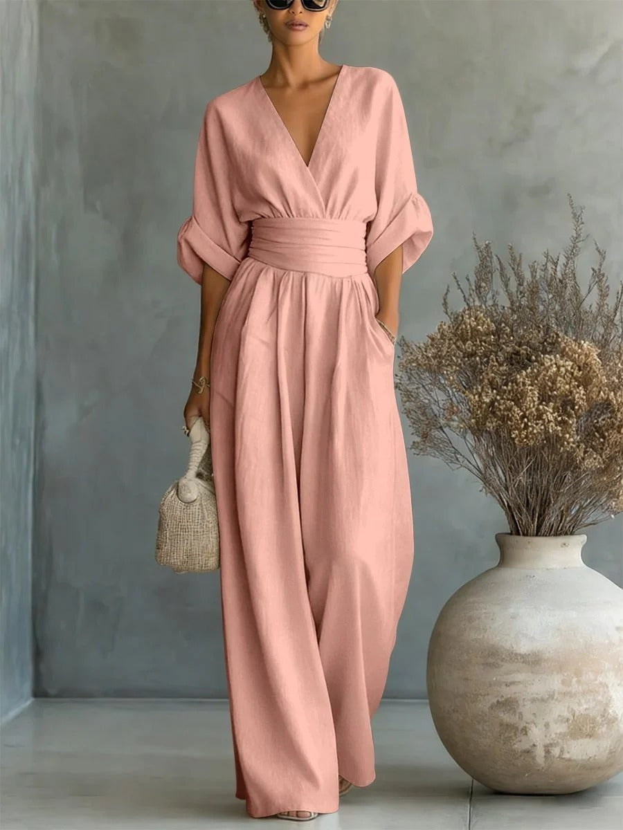 ESSENZIALE - Elegante Tuta Estiva a V con Vita Alta