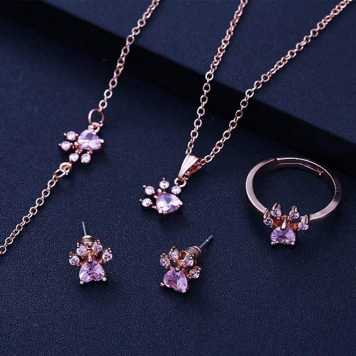 Set di Gioielli con Zampa color oro Rosa – 4 Pezzi con Cuore in Zirconia (Anello, Collana, Orecchini, Bracciale)