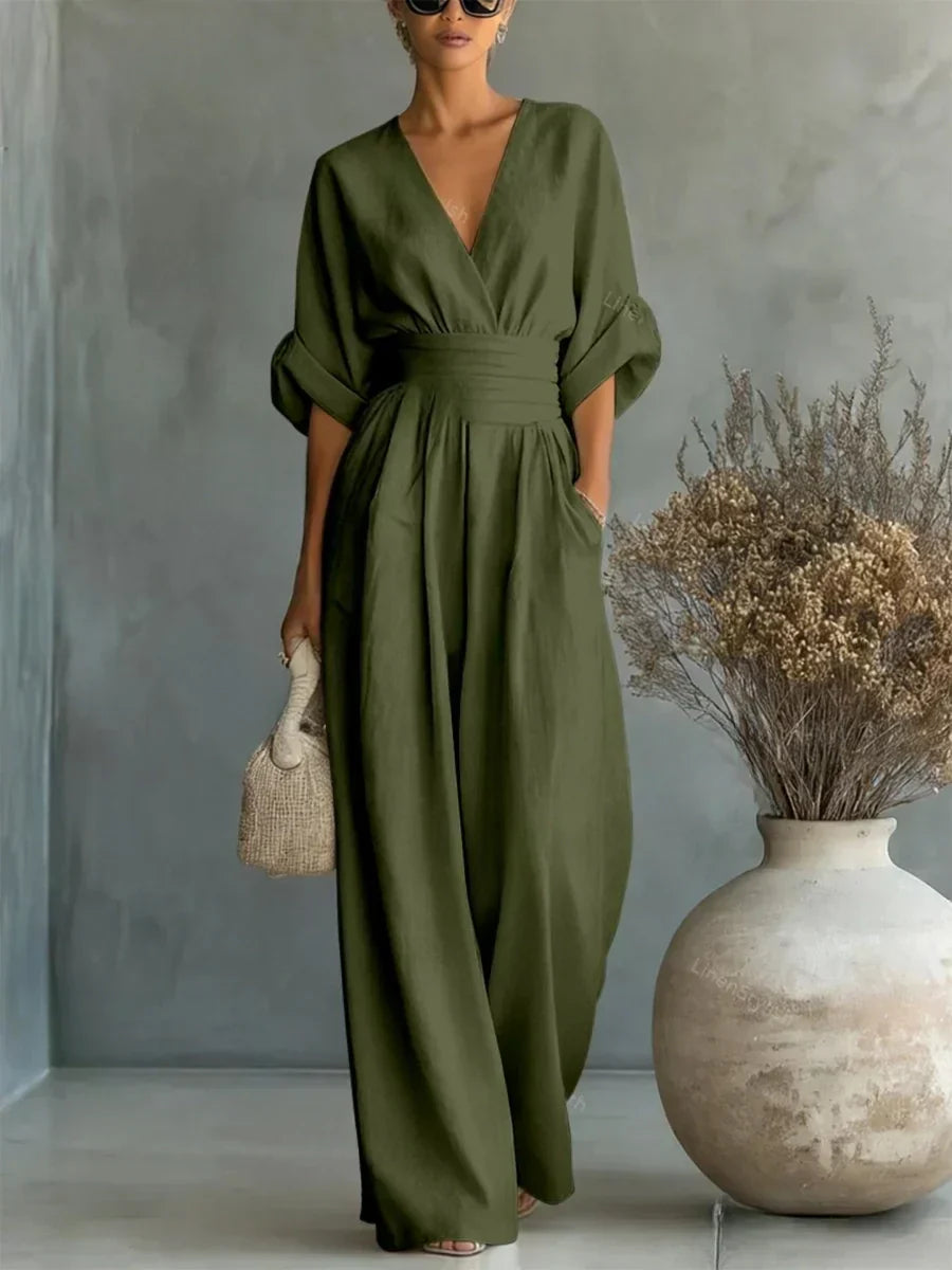 ESSENZIALE - Elegante Tuta Estiva a V con Vita Alta