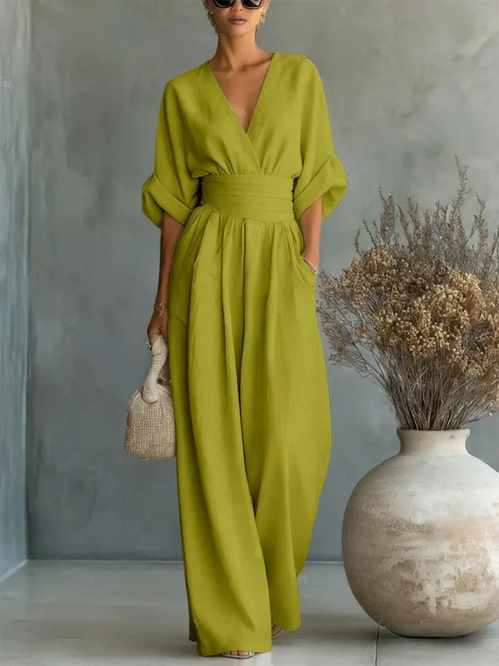ESSENZIALE - Elegante Tuta Estiva a V con Vita Alta