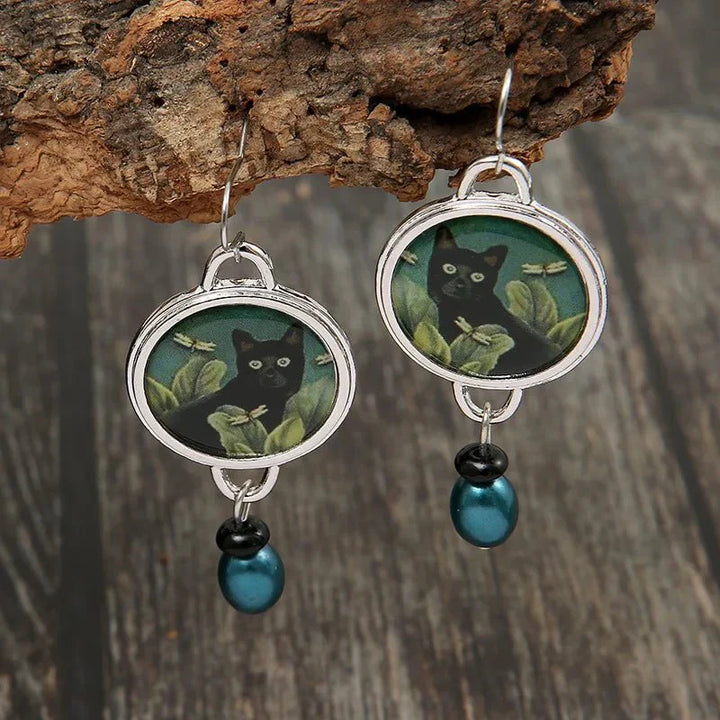 Orecchini D'Angolo Vintage Tropicali con Gatto Nero