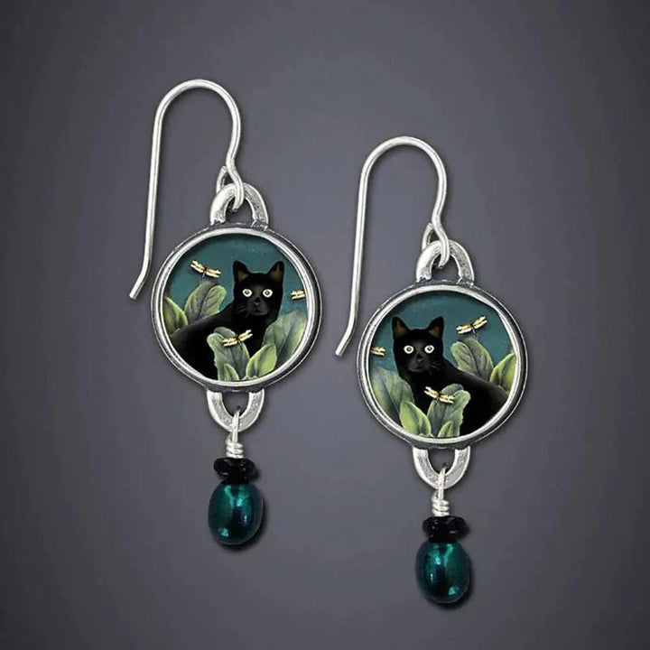 Orecchini D'Angolo Vintage Tropicali con Gatto Nero